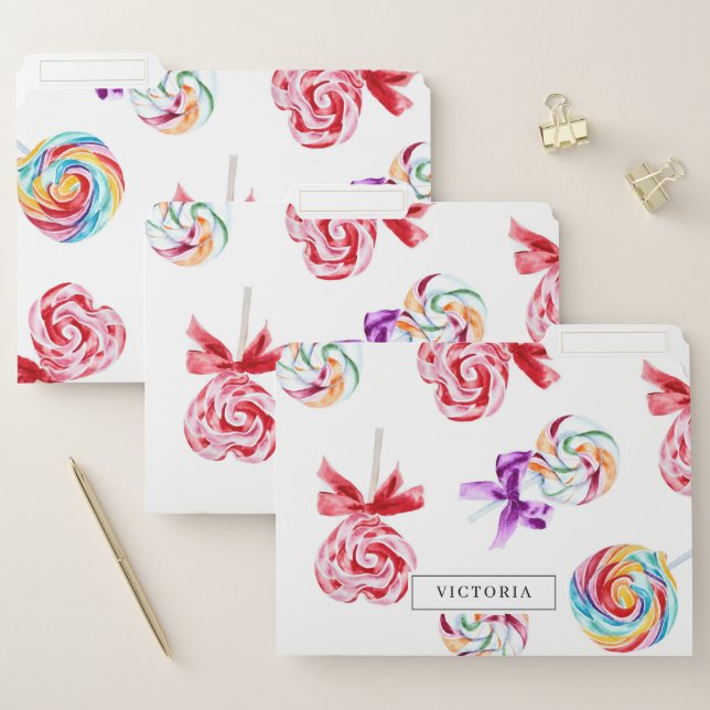 Watercolor Colorful Heart and Rainbow Lollipops File Folder (Set)