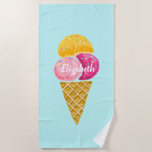 Watercolor Colorful Ice Cream Cones Beach Towel