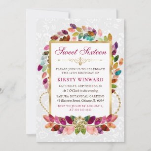 Watercolor Colorful Leaves & Gold Foil Sweet 16 Invitation