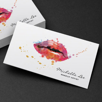 Watercolor Colorful Lips Makeup Artist Salon Business Card by BlackEyesDrawing at Zazzle