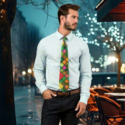 Watercolor Colorful Mosaic Checkered Tie