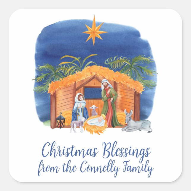 Watercolor Colorful Nativity Christmas Enclosure Square Sticker (Front)