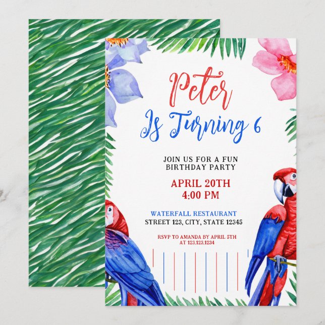 Watercolor Colorful Parrot Birthday Invitation (Front/Back)