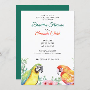 Watercolor Colorful Parrot Couple Floral Wedding Invitation