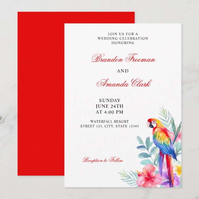 Watercolor Colorful Parrot Floral Wedding Invitation (Front/Back)