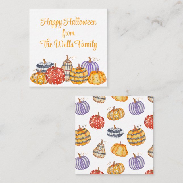 Watercolor Colorful Patterned Pumpkins Enclosure Note Card (Front/Back)