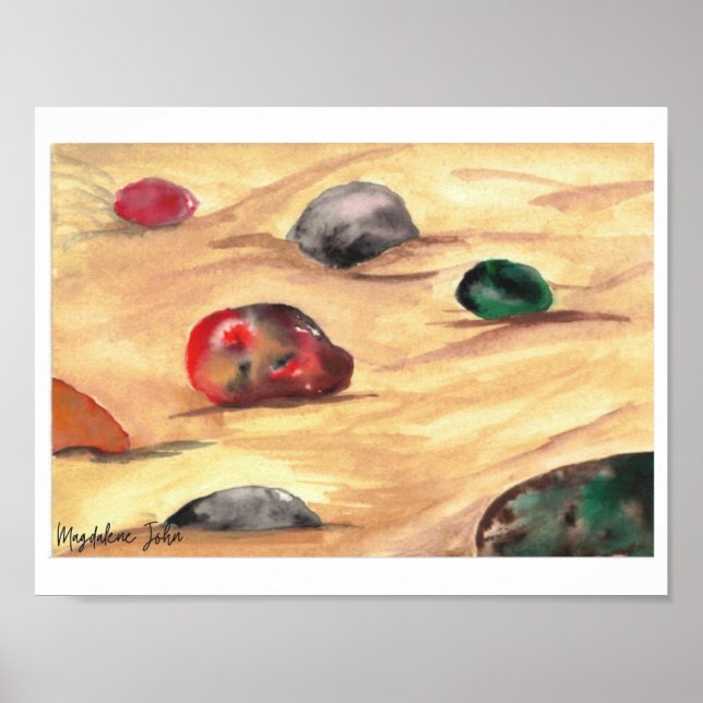 Watercolor colorful pebbles on a sandy beach  poster (Front)