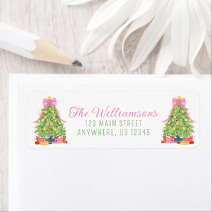 Watercolor Colorful Pink Bow Christmas Tree Label