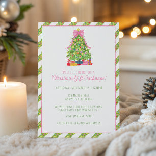 Watercolor Colorful Pink Bow Christmas Tree Party Invitation