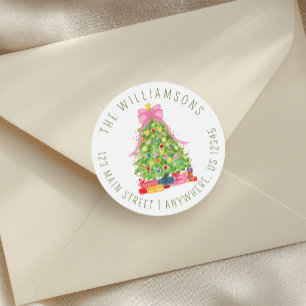 Watercolor Colorful Pink Bow Tree Return Address Classic Round Sticker