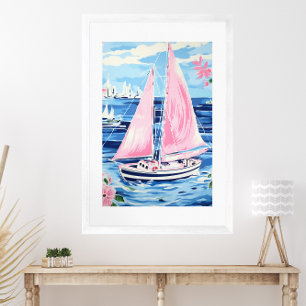 Watercolor Colorful Pink Sailboat Coastal Blue Poster