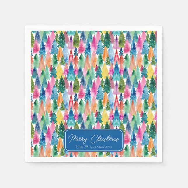 Watercolor Colorful Rainbow Christmas Trees Napkins (Front)
