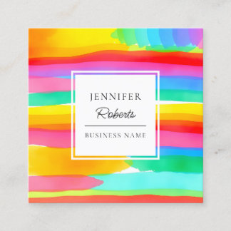 Watercolor Colorful Rainbow Stripes Pattern Square Business Card