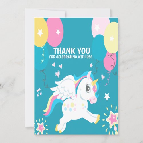 Watercolor Colorful Rainbow Unicorn girl Birthday  Thank You Card