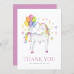 Watercolor Colorful Rainbow Unicorn Kids Birthday Thank You Card<br><div class="desc">Send thank you to guests with this colorful rainbow theme unicorn thank you card. It features watercolor illustration of a white unicorn with rainbow hair and balloons. Personalize by adding names,  date and message. This colorful unicorn thank you card is perfect for birthdays and kids parties.</div>