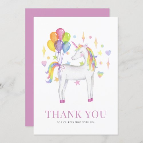 Watercolor Colorful Rainbow Unicorn Kids Birthday Thank You Card