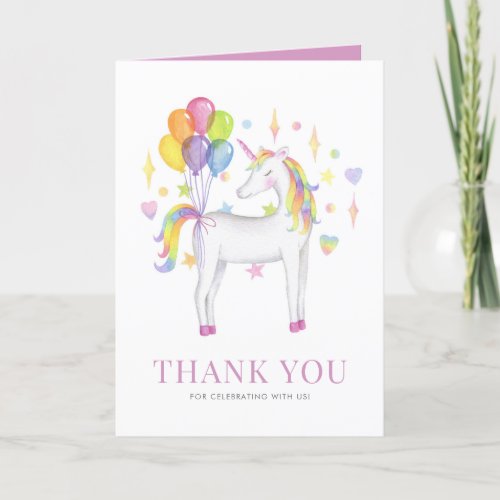 Watercolor Colorful Rainbow Unicorn with Balloons Thank You Card