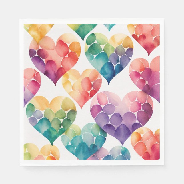 Watercolor colorful rainbow Valentines hearts Napkins (Front)