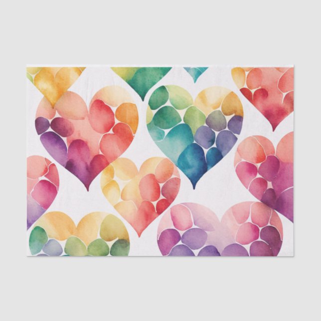 Watercolor colorful rainbow Valentines hearts  Tissue Paper (Front)