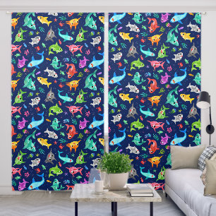 Watercolor Colorful Sharks Ocean Kids Nursery Blackout Curtains