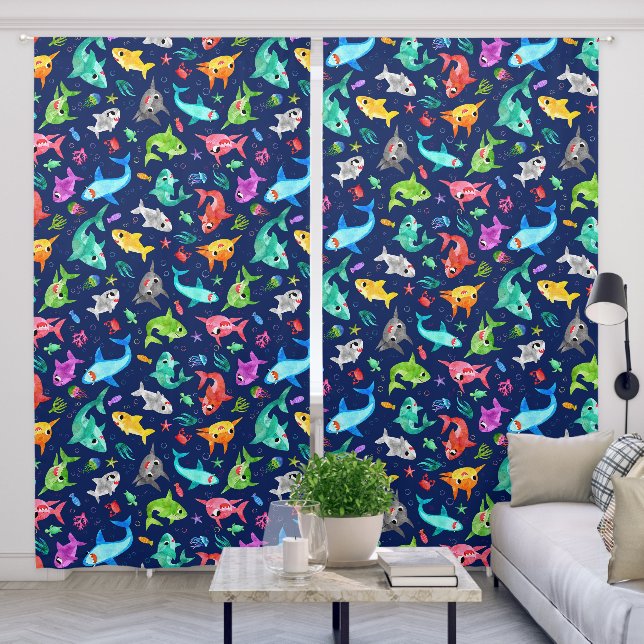 Watercolor Colorful Sharks Ocean Kids Nursery Blackout Curtains (Living Room)