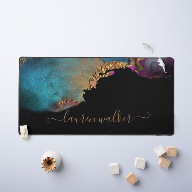 Watercolor Colorful Textured Gold Monogram Desk Mat (Kids Table)