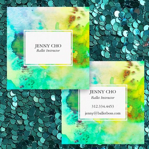 Watercolor colorful textured painting green square business card