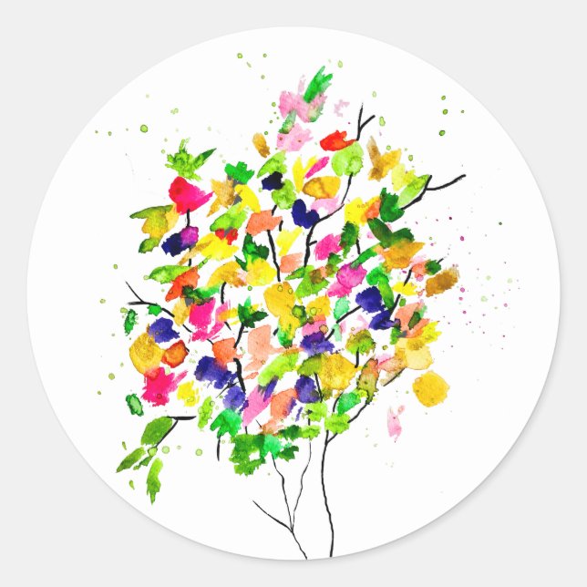 Watercolor colorful tree classic round sticker (Front)