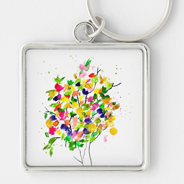Watercolor colorful tree keychain (Front)
