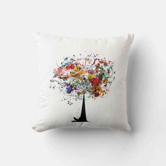Watercolor colorful tree n butterfly.png throw pillow (Front)