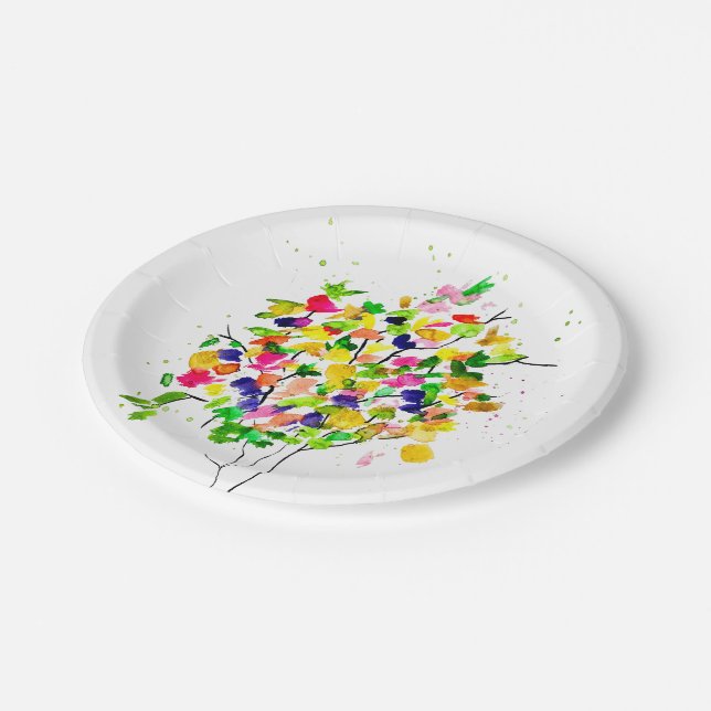 Watercolor colorful tree paper plates (Angled)