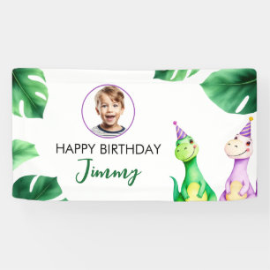 Watercolor Colorful Trex Kids Photo Birthday Banner