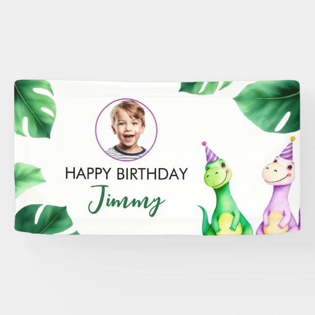 Watercolor Colorful Trex Kids Photo Birthday Banner (Horizontal)