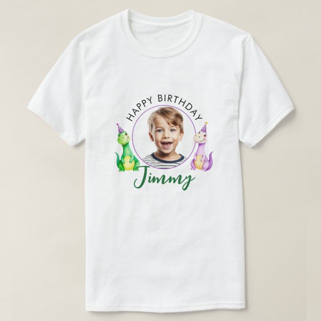 Watercolor Colorful Trex Kids Photo Birthday T-Shirt (Design Front)