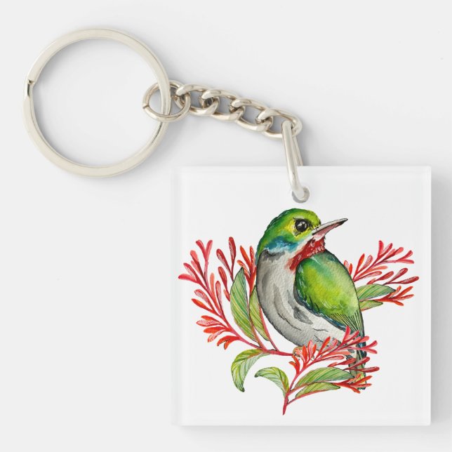 Watercolor colorful tropical bird keychain (Front)