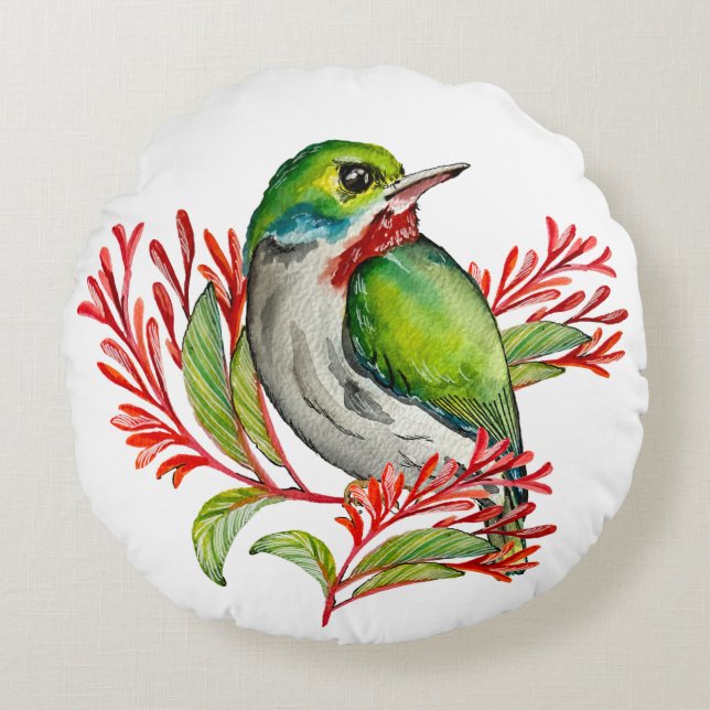 Watercolor colorful tropical bird round pillow (Front)