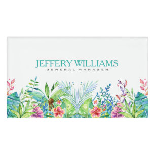 Watercolor Colorful Tropical Flowers Name Tag