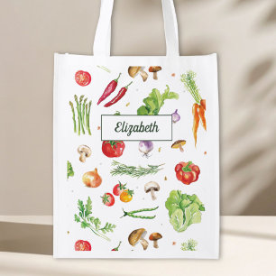 Watercolor Colorful Vegetables Personalized Name Grocery Bag