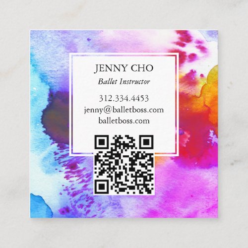 Watercolor Colorful Vivid Textured QR Code Square Business Card