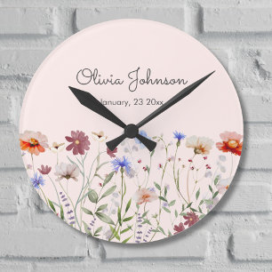 Watercolor Colorful Wildflower Baby Birth Keepsake Round Clock