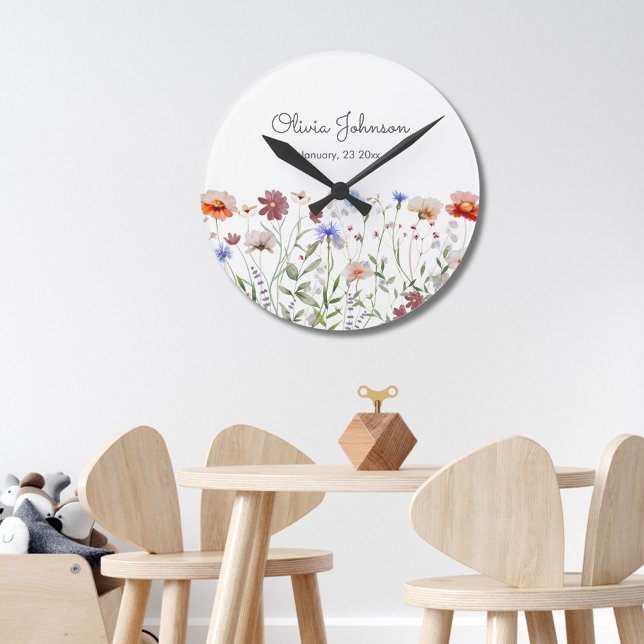 Watercolor Colorful Wildflower Baby Birth Keepsake Round Clock (In situ)