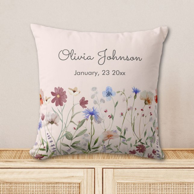 Watercolor Colorful Wildflower Baby Birth Keepsake Throw Pillow (In situ)