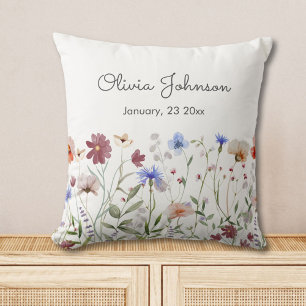 Watercolor Colorful Wildflower Baby Birth Keepsake Throw Pillow