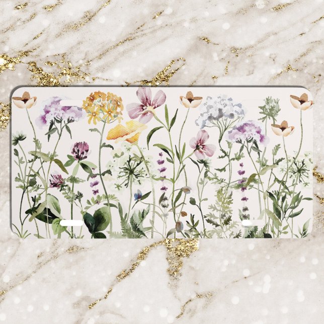 Watercolor Colorful Wildflower Garden License Plat License Plate (Close up)