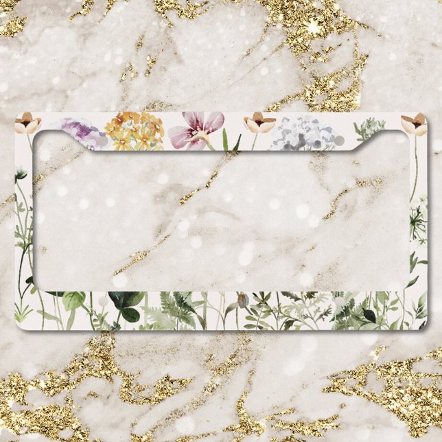 Watercolor Colorful Wildflower Garden License Plate Frame (Close up)