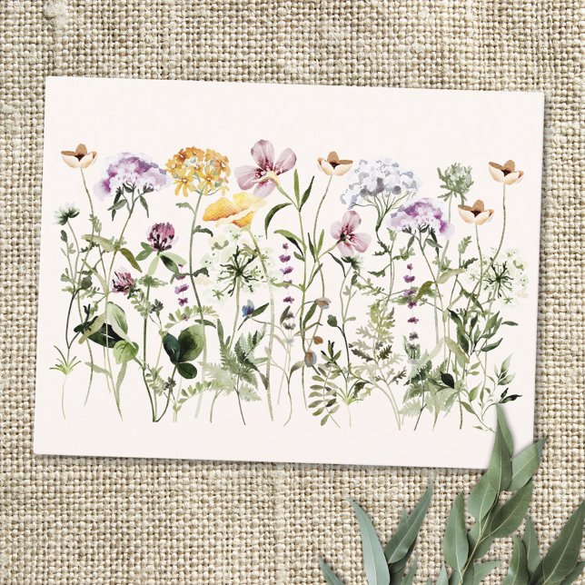 Watercolor Colorful Wildflower Garden Postcard (Close up)