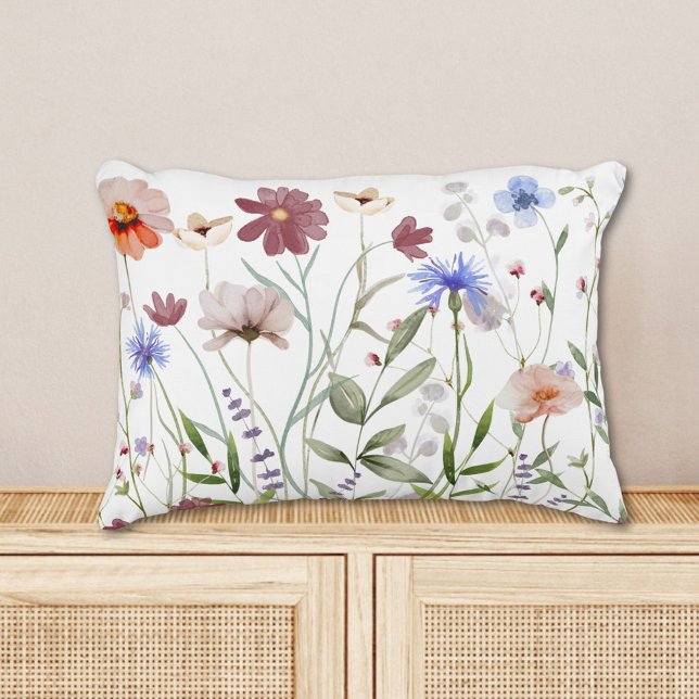 Watercolor Colorful Wildflower Meadow Accent Pillow (In situ)
