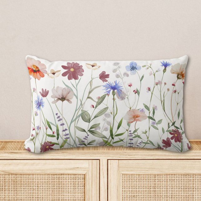 Watercolor Colorful Wildflower Meadow Lumbar Pillow (In situ)