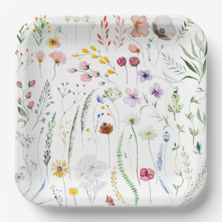 Watercolor Colorful Wildflower Meadow Paper Plates