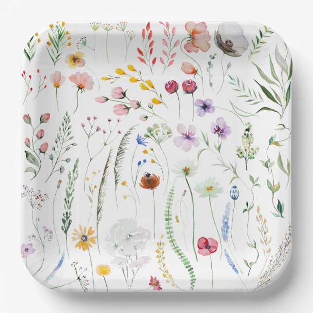 Watercolor Colorful Wildflower Meadow  Paper Plates (Front)